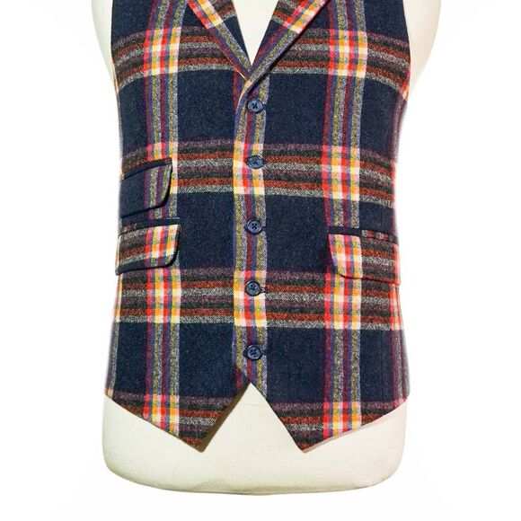 Mens 46R Wool Blue Orange Red Plaid Vest Waistcoat Wedding Party Formal Casual - Picture 4 of 8